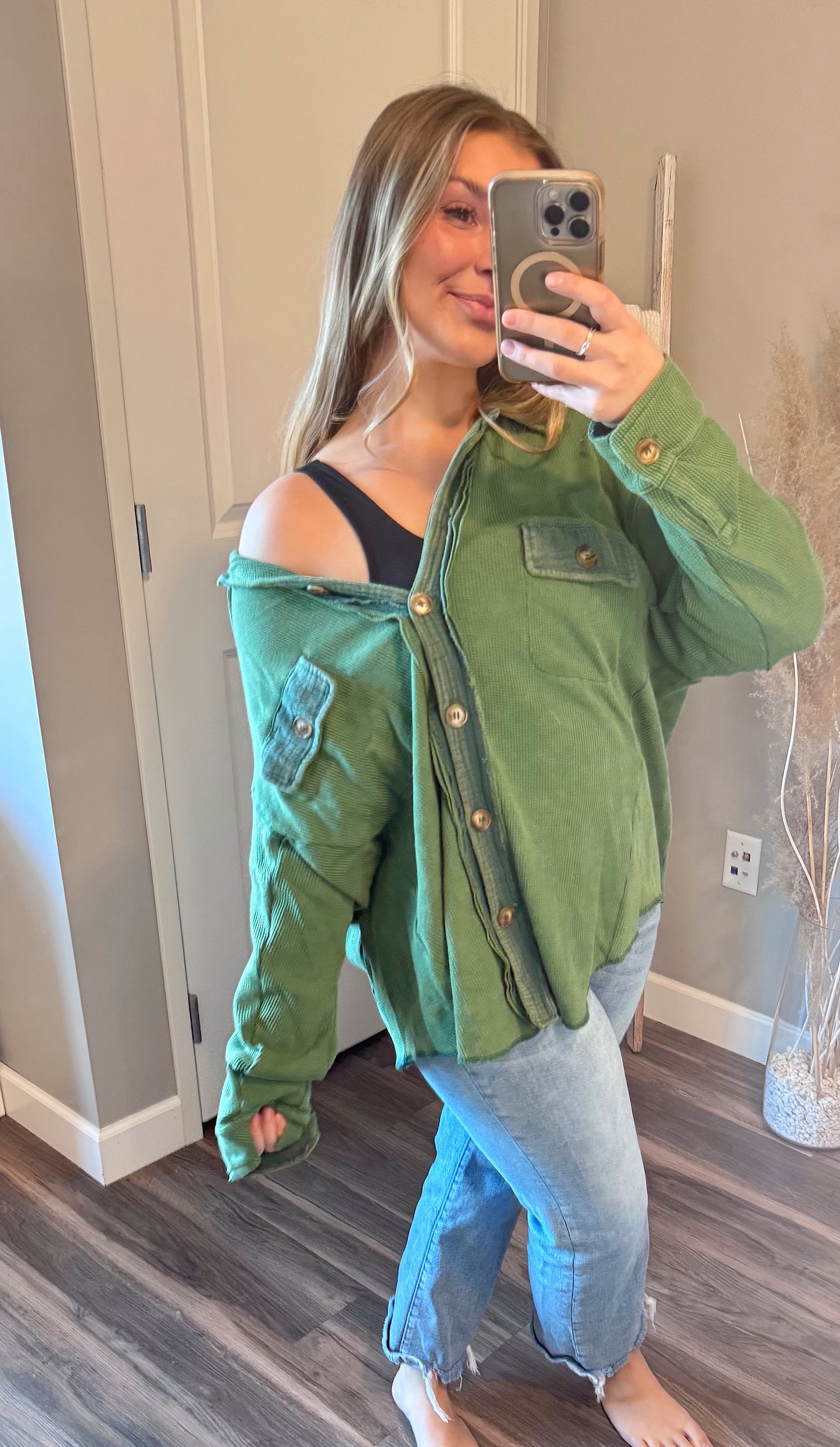 Annie Waffle-Knit Button Down Shirt Green