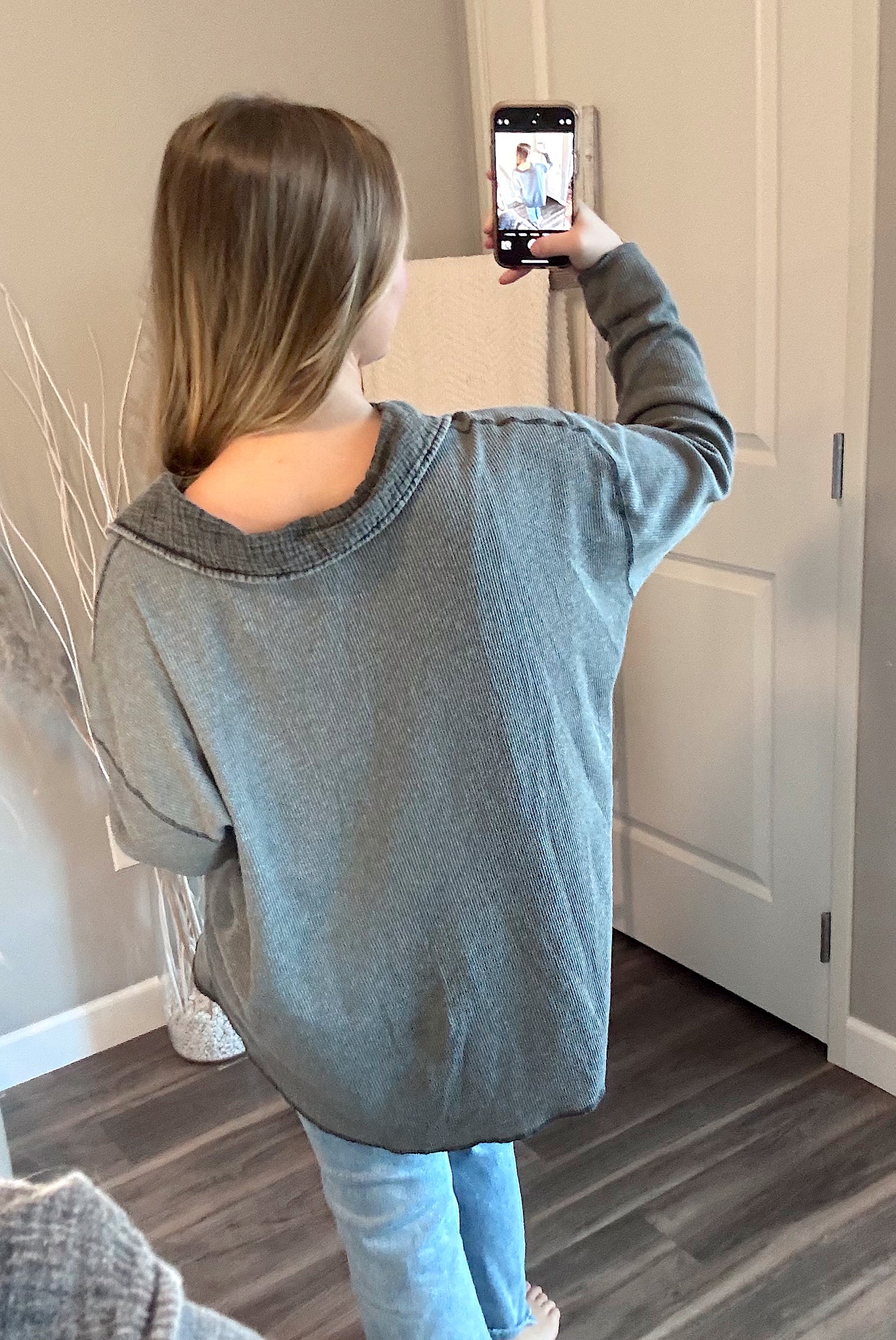 Annie Waffle-Knit Button Down Shirt Charcoal