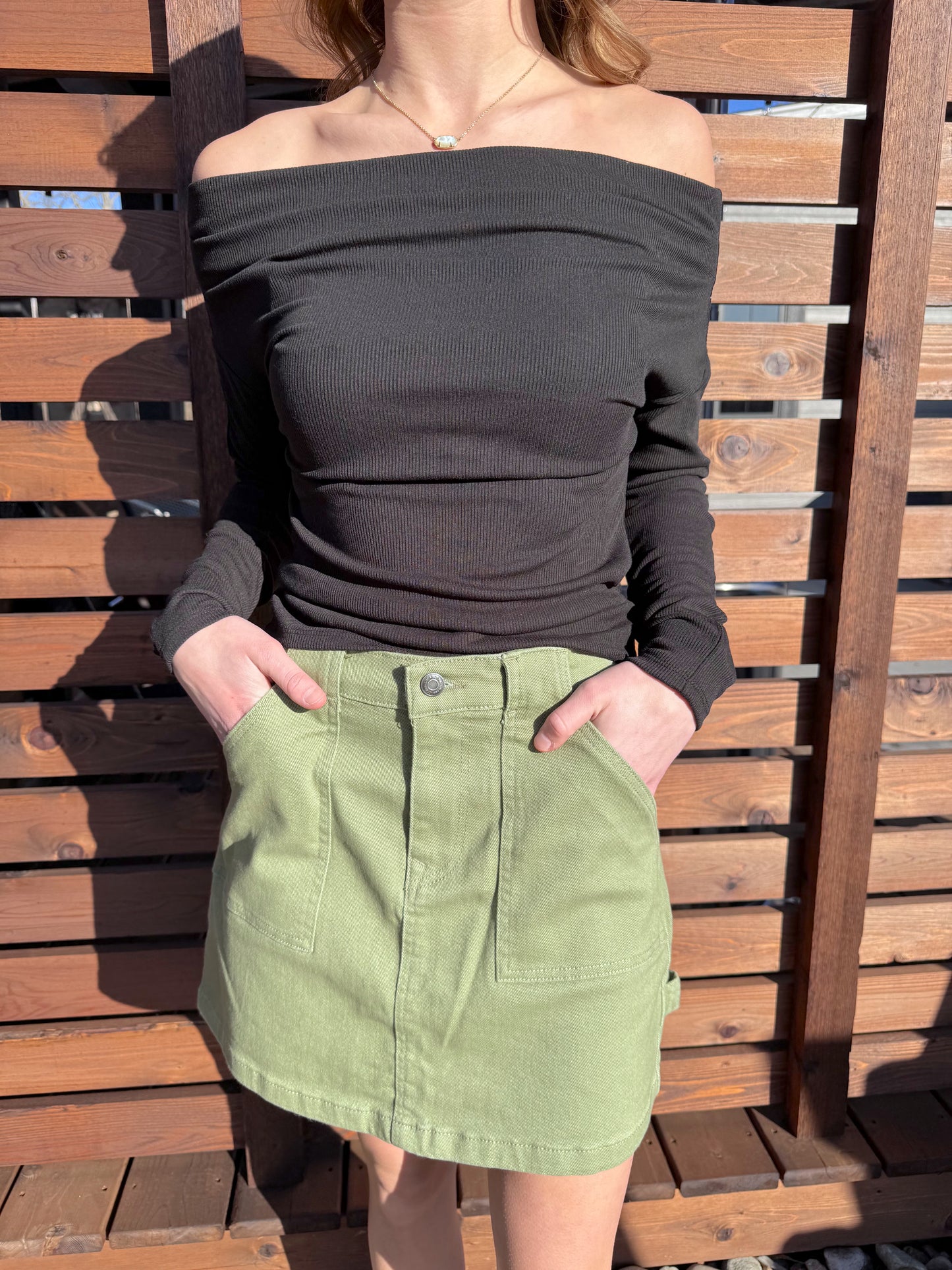 Tess Cargo Denim Mini Skirt - Olive